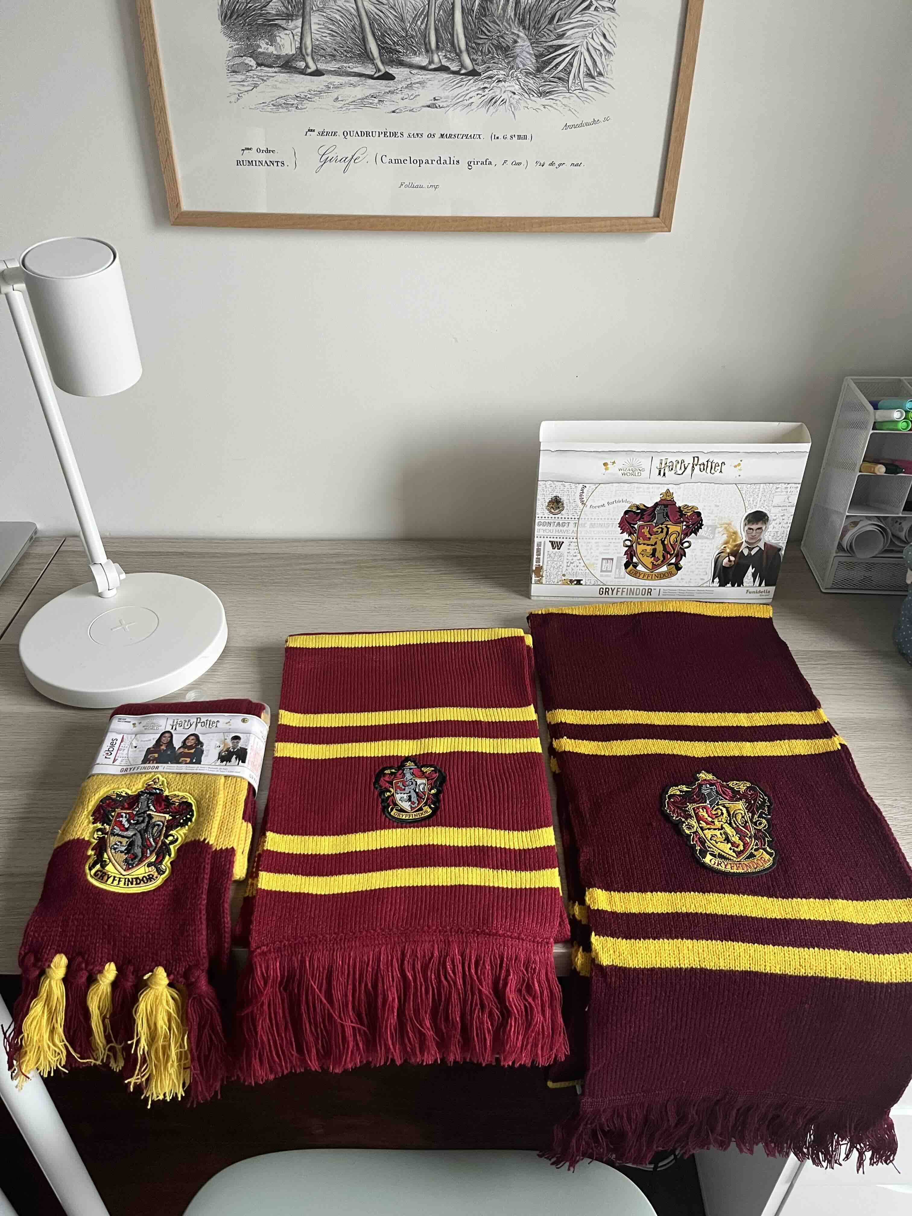 Vários cachecóis diferentes dos Gryffindor para comparação.